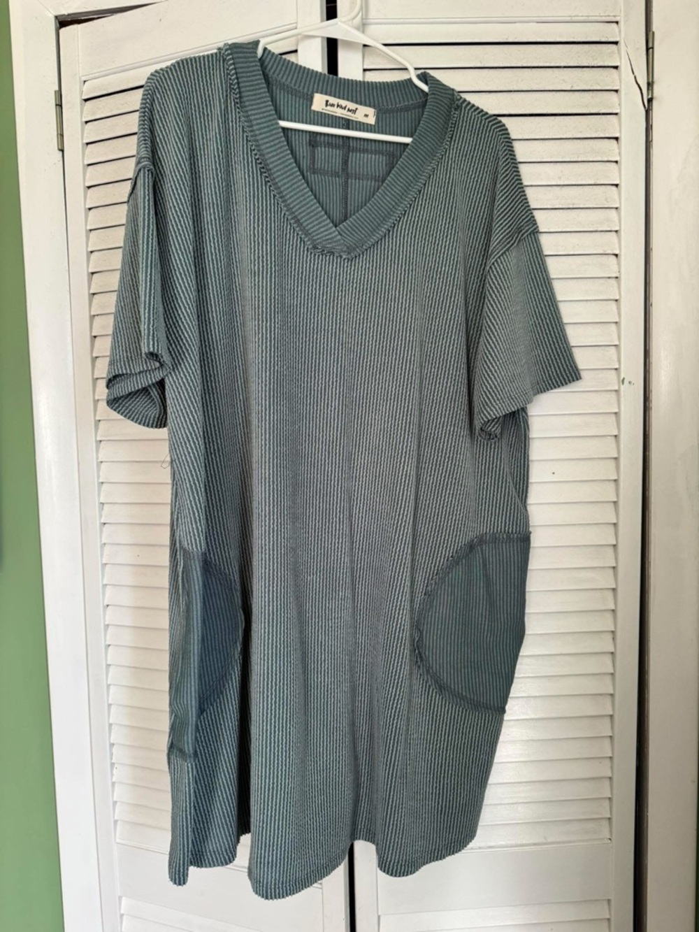 Three Bird Nest Dusty Teal Ribbed Midi Dress with Pockets